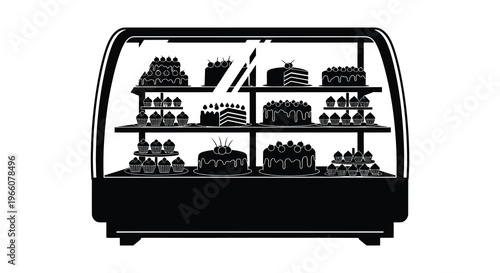 A black display case holds various cakes cupcakes and pastries presented in a bold silhouette high quality professional detailed modern elegant