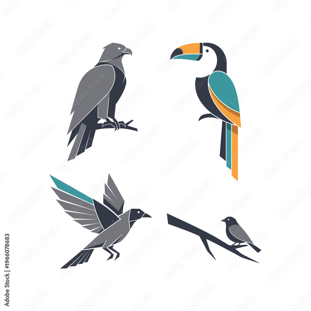 Fototapeta premium Set of stylized birds: eagle, toucan, crow, sparrow, graphic design, vector art