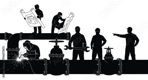 A group of workers engaged in various tasks on a pipeline depicted in a striking black silhouette high quality professional detailed