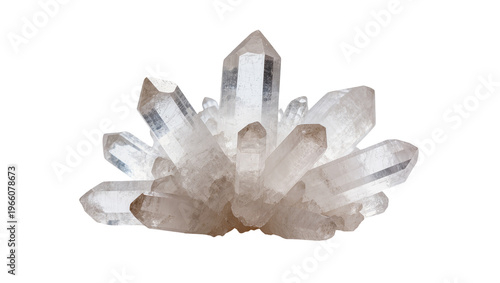 Clear quartz crystal cluster, naturally isolated on transparent background