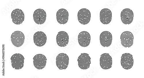 A grid of fifteen black fingerprint patterns on a white background showcasing unique swirling designs silhouette high quality professional detailed