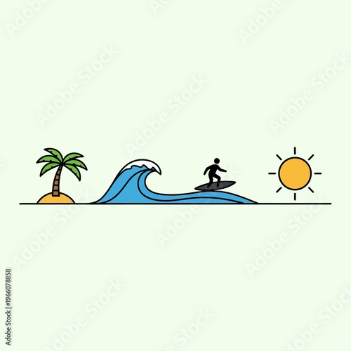 Surfer riding wave near tropical island and sun, minimalist illustration