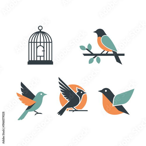 Set of stylized bird icons and a birdcage, representing freedom and nature