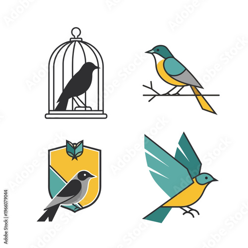 Set of stylized bird icons: caged, perched, on shield, and flying