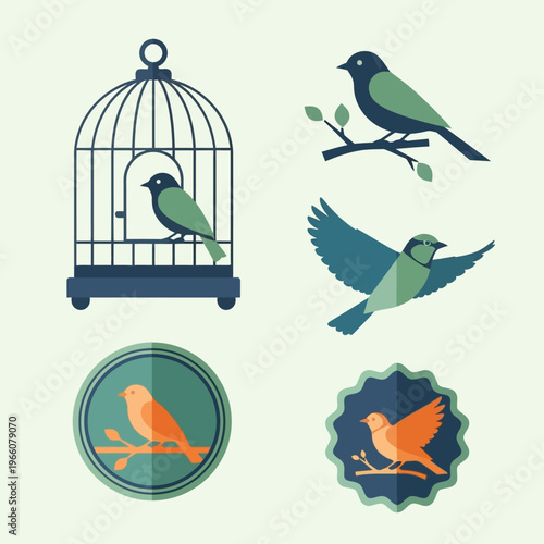 Set of stylized bird illustrations: caged, flying, and perched on branches
