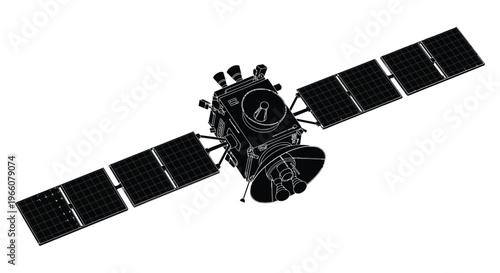A detailed illustration of a satellite in space showcasing its solar panels and antenna rendered as a silhouette high quality professional