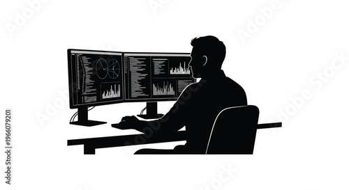 A man is depicted working at a desk with multiple monitors rendered as a striking black silhouette high quality professional detailed