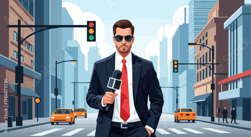 Businessman holding microphone in city.