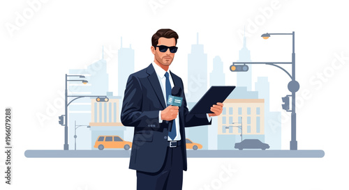 Businessman in suit holding tablet.