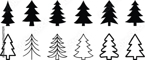 evergreen conifer logo and badge vector silhouettes and outlines