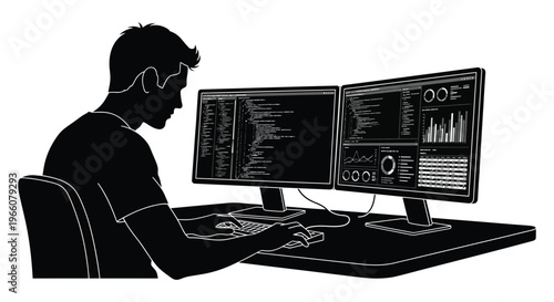 A focused coder works at a dual monitor setup illuminated by the screen s glow depicted as a stark silhouette high quality professional