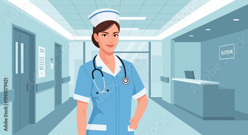 Female Nurse Wearing Blue Uniform.