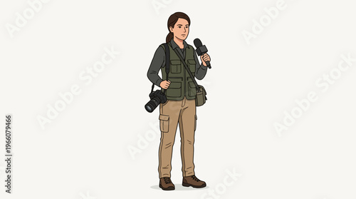 Man holding camera and microphone standing.