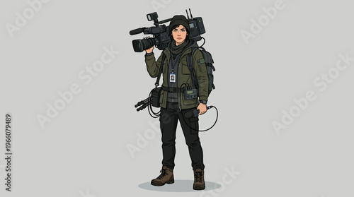 Man holding large video camera equipment.