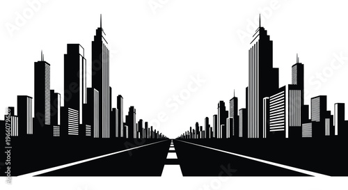 A striking black and white cityscape view down a long road featuring imposing skyscrapers in a bold silhouette high quality professional