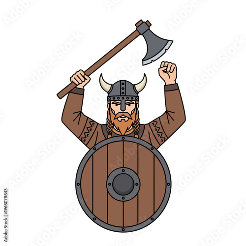 Viking warrior with axe and shield, triumphant pose, illustration