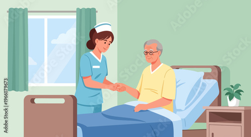 Nurse helping elderly man in bed.
