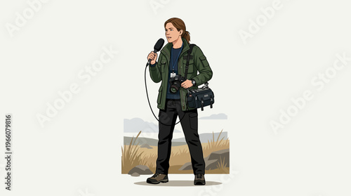 Woman Holding Microphone and Camera Equipment.