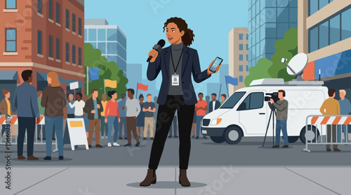 Woman Holding Microphone and Notebook Outdoors.