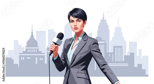 Woman Holding Microphone in Suit.