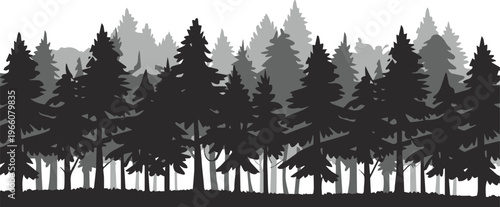 forest minimalist conifer silhouettes in foggy grayscale composition