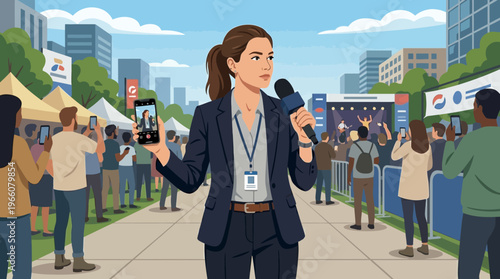 Woman speaking into a microphone outdoors.