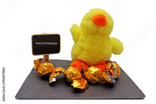 Poussin jaune en peluche au milieu de chocolat