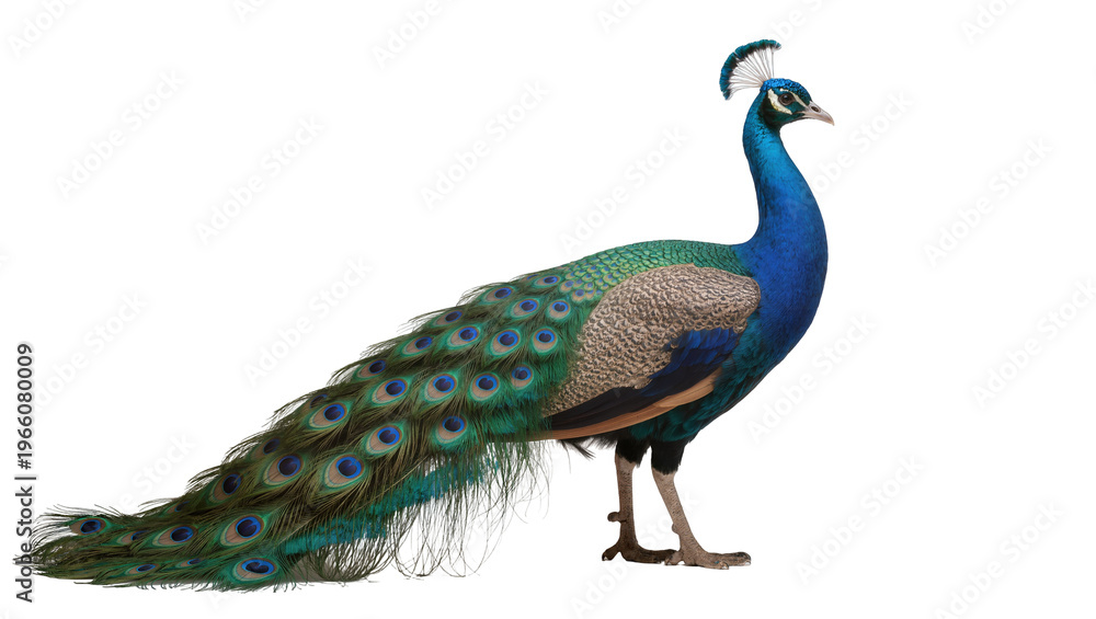 Fototapeta premium Majestic peacock with blue head long green tail, isolated on transparent background