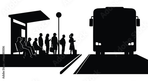 A black silhouette depicts people waiting at a bus stop with an approaching bus showcasing urban transit silhouette high quality professional