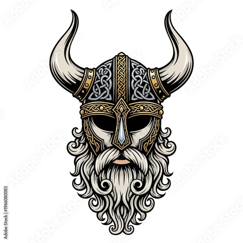 Viking Warrior Helmet with Beard and Horns - Norse Mythology Warrior Icon