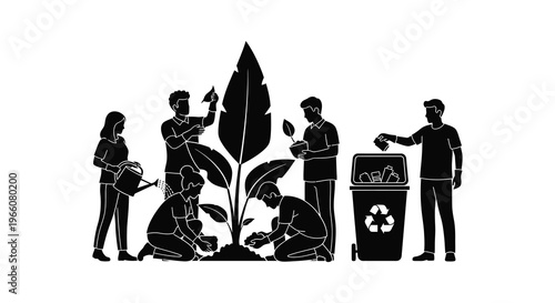 A group of people tending to plants and recycling depicting environmental care and sustainability a dramatic silhouette high quality professional