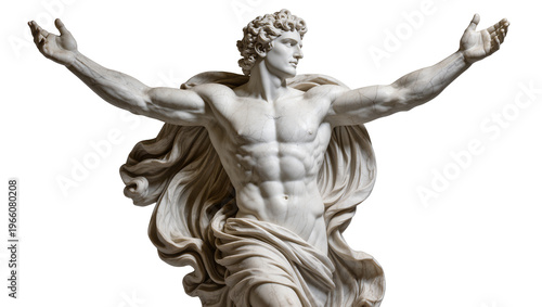 Muscular classical marble male statue with flowing drapery arms outstretched, isolated on transparent background