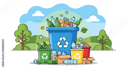 Recycling bins and sorted garbage illustration. Concept of waste management, environmental protection, and ecology.
