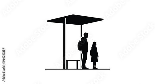 A minimalist depiction of two people waiting under a bus shelter rendered as a striking black silhouette high quality professional detailed
