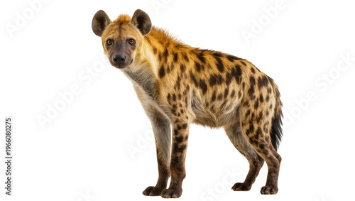 Fotografie Spotted hyena standing alertly looking forward, isolated on transparent backgrou