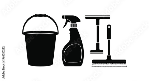 A collection of cleaning supplies including a bucket spray bottle and squeegee presented as a silhouette high quality professional detailed modern