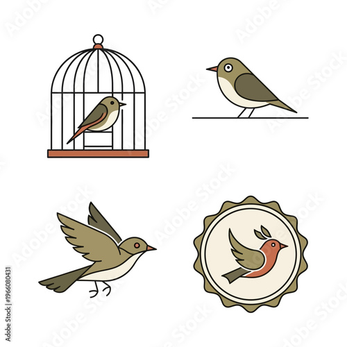 Set of four bird illustrations: caged, perched, flying, and emblem bird icons