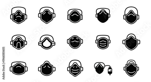 Respiratory masks, gas masks, face masks, protective gear, 16 icon set, vector illustrations
