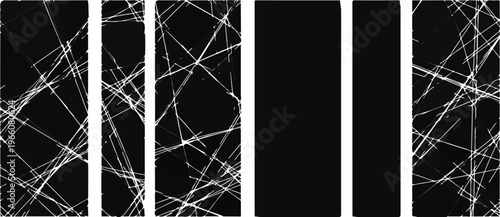 Broken glass effect textures with realistic cracks and scratches on black background for design overlays and templates.