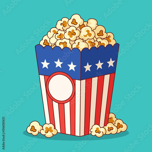 Classic American Popcorn Box with Scattered Kernels on Teal Background
