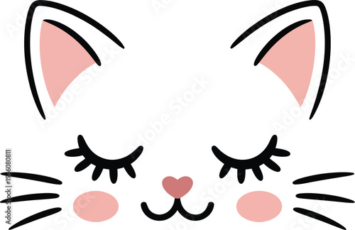 Cute cat face with closed eyes and eyelashes, pink ears, cheeks and heart nose, vector illustration