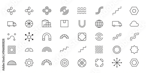 Geometric shapes and icons are arranged in a grid pattern on a white background
