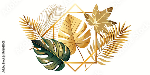 Golden and green tropical leaves with geometric frame, vector