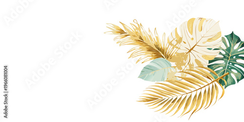 Elegant gold and teal tropical leaves illustration, vector