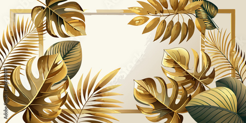Golden monstera and palm leaves with elegant frame, vector