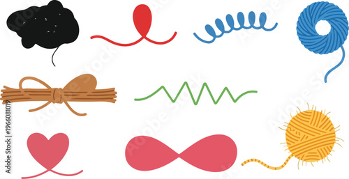 Creative yarn and thread strokes set with various shapes including heart and spiral for embroidery and knitting designs.