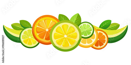 Fresh citrus fruit slices and green leaves composition, vector