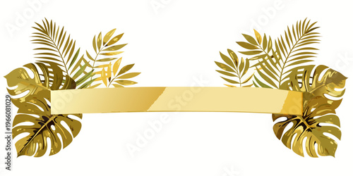 Golden tropical leaves and banner with copy space, vector