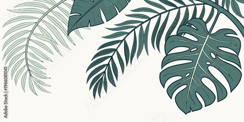 Tropical Monstera and Palm Leaf Illustration, vector
