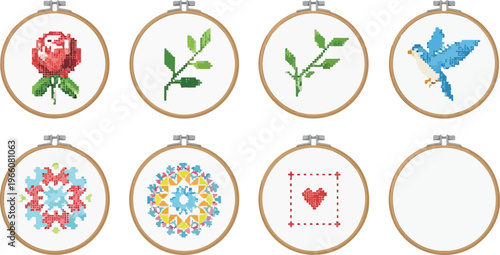 Cross stitch embroidery set with floral rose bird heart and patterns in wooden hoops for hobby and handmade craft design.